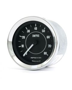 Smiths Classic Mini 8000 Rpm 52mm Tachometer with a black face and chrome bezel