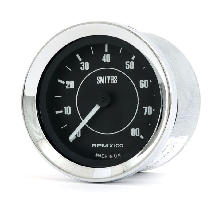 Smiths Classic Mini 8000 Rpm 52mm Tachometer with a black face and chrome bezel