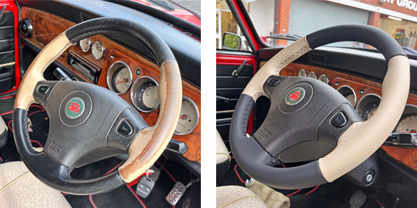 Side-by-side comparison showing a classic Mini steering wheel before and after leather recovering.