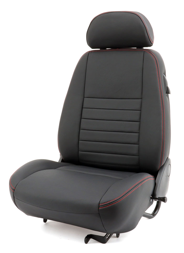 Custom black leather seat with striking red hand-stitched detailing in the Mini Spectre.