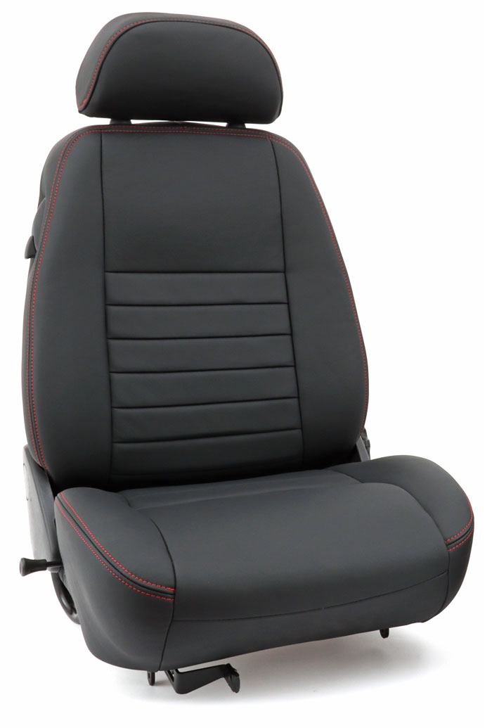 Bespoke black leather classic Mini seat with bold red stitching accents.