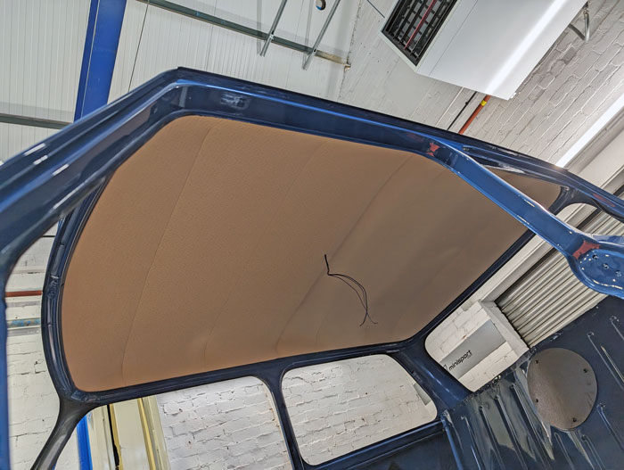 Custom-fitted headlining created for the Bangers and Cash Mini Restoration project, showcasing bespoke craftsmanship