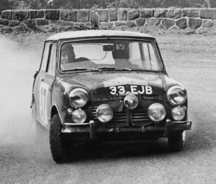 Paddy Hopkirk in the classic Mini 33EJB on the way to victory at the 1964 Monte Carlo Rally