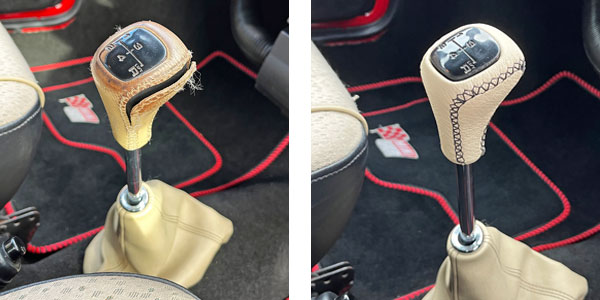 Detailed comparison of a classic Mini steering wheel before and after re-covering, showcasing the transformation with new leather.