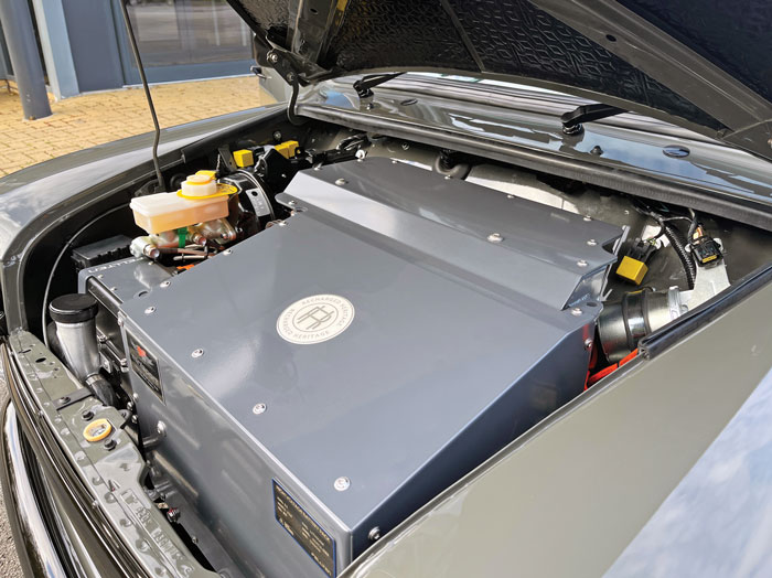 Detailed view under the bonnet of the Mini Spectre, showcasing its cutting-edge electric power system.