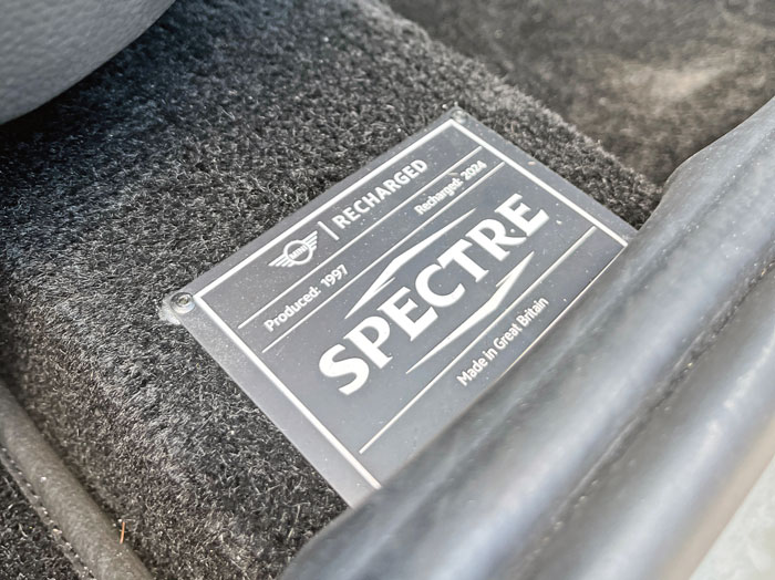 Spectre nameplate on the Mini’s body, highlighting the bespoke EV conversion project.
